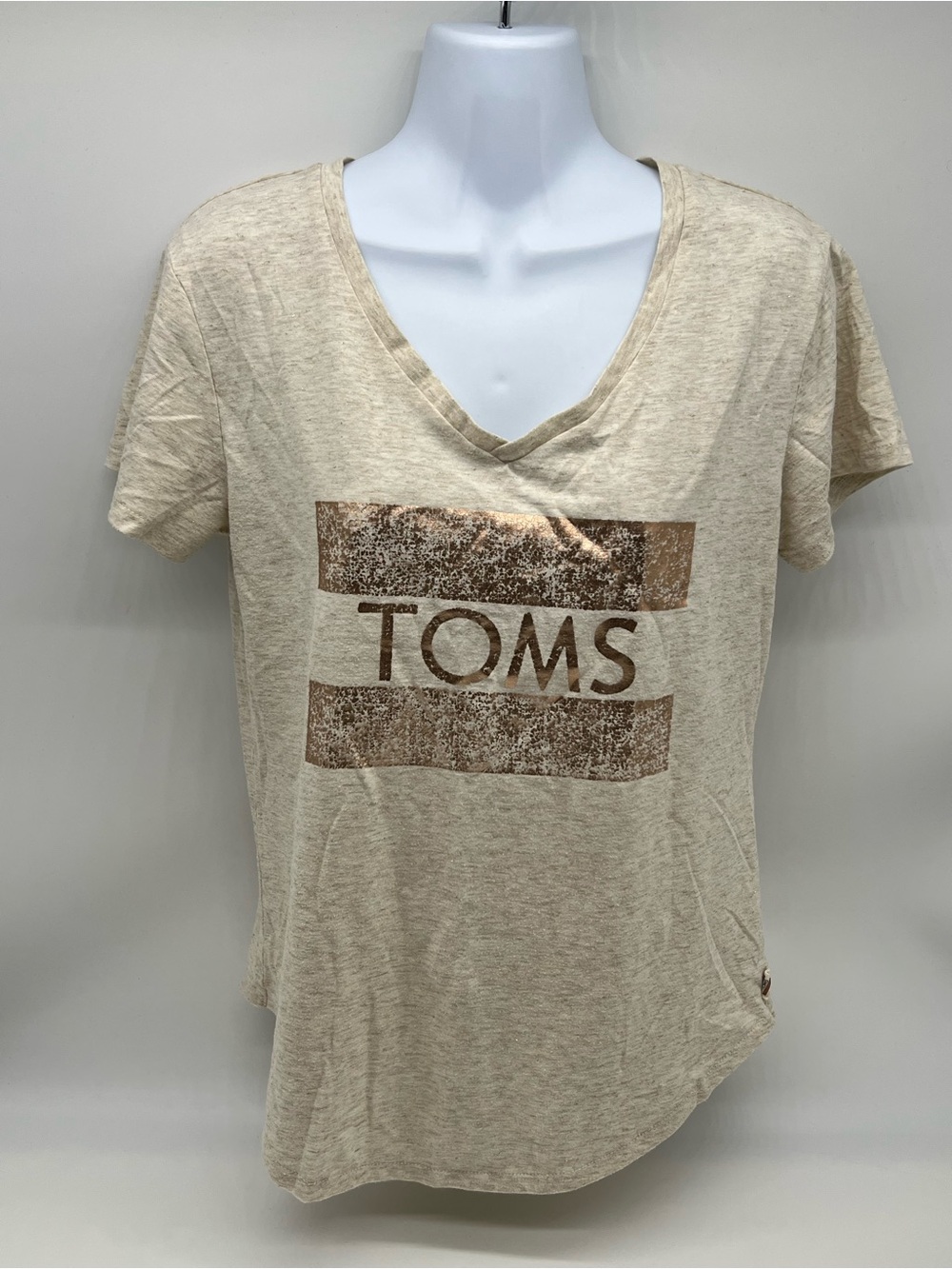 TOMS Women's Short Sleeve T-shirt in Cream Metallic Gold Threads & Logo-Size M